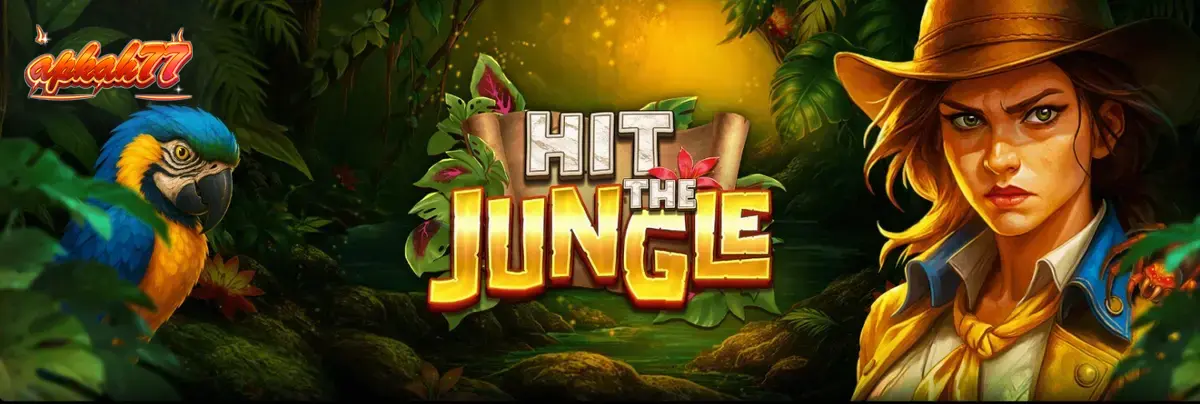 Pemandangan hutan lebat dengan simbol kuno pada gulungan slot Hit the Jungle
